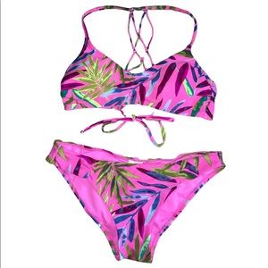 Bright Pink Tropical Floral Strappy Bikini Set Like New Medium NWOT